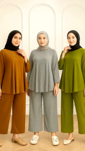 Setelan Wanita Atachi Oneset Rib Knit Lengan Celana Panjang Set Terbaru Stylish Kekinian Terlaris