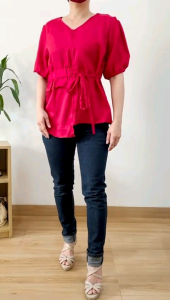 ●ECLAIRE● 063 Blouse Blus Tali Pita Ribbon Vneck Lengan Pendek Shortsleeves Kasual Casual Korea Kerja Imlek Lunar CNY Natal Christmas Kemerdekaan 729
