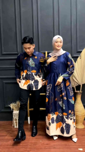 PROMO..!!! Batik Couple - Baju Batik Couple Kemeja Panjang Gamis Maxi Tali Samping Motif Padi Abu