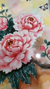 ภาพมงคลเสริมโชคลาภ ภาพวาดดอกโบตั๋น ขนาดA4 พร้อมกรอบ แขวนได้ตั้งได้ ภาพวาดสีน้ำ นำไปตกแต่งเพิ่มความโชคคลาภ