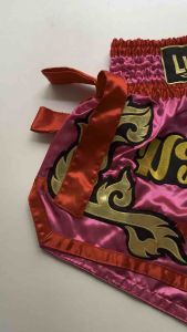 Ram Lumpini Satin Muay Thai Fight Shorts Hot Pink with Red Ribbons Small
