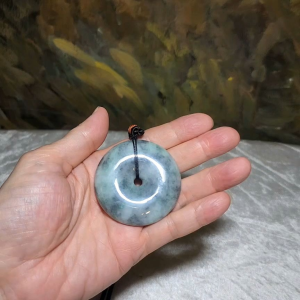 Rare 76 grams Type A Jadeite Burma Jade light blue green black fowl large Donut handheld pendant (with certificate)