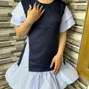 Dress Fashion Wanita Remaja Korean Daily Dress Casual Stripe Kombinasi Aurora Dress zh