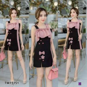 เดรสแขนกุดอกระบาย ติดดอกติดโบว์ 15151