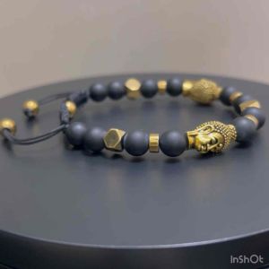 CW Manila - Buddha Adjustable Bracelet - 8mm Matte Onyx and Gold Hematite Spacers - Semi-precious Adjustable Bracelets