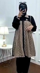 setelan celana tunik bahan crinkle kombinasi brukat Malikaone set tunik burkat full kancing model terbaru kekinian