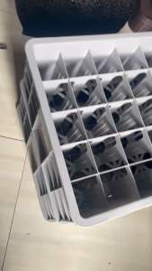 Heavy duty stackable goblet crate organizer with 25 compartments for storing wine glasses.