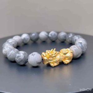 CW Manila - PiXiu / PiYao Stretch Bracelet - 10mm Map Jasper with PiXiu / PiYao Spacer - Bracelet Protection Fortune
