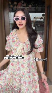 A1263 เดรสพิมพ์ลายดอกไม้สีสัน ผูกโบว์ด้านหน้า ป้าย LDN