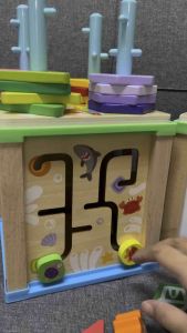 Intelligence Wooden Educational Toy Activity Cube Durable Montessori Wooden Toys Box 5 in 1with Wooden Beads Maze Puzzle Shape Cube for Toddlers