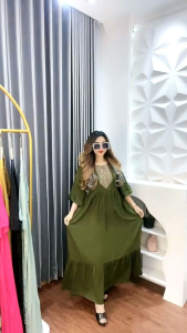 AMEERA DRESS: Dress Ameera Lengan Terompet Bahan Rayon Polos & Gamis Renda Sultan Viral Terbaru