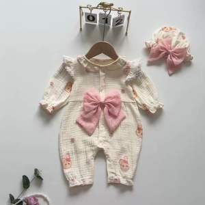 (3-12kg) Body Nơ Thỏ Hồng NHÍM XÙ KIDS Cho Bé Gái Sơ Sinh Đầy Tháng Thôi Nôi Sinh Nhật Chất Xô Muslin B106