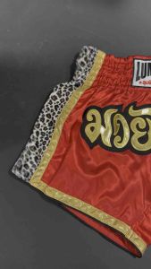 Lumpinee Satin Retro Muay Thai Fight Shorts Red with Leopard Mesh