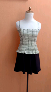 atasan tank crop top wanita hijau muda motif kotak S M L cute blouse santai kerut