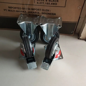 Paker roda karet hitam 4" 2pcs Rem 2pcs Mati Roda troli 4in set 4pcs