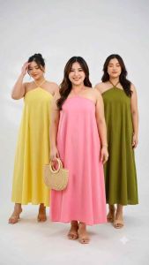 AIDA M-2XL Maxi Dress preppy chic summer boho minimalist basic casual business formal premium quality cotton linen challis Womenswear Sleeveless Lingerie Check Garterized Medium Smocked Style Fabric Loose Fit long gown