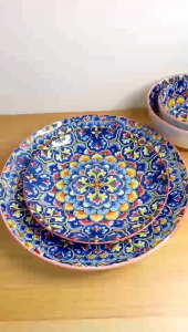 10.5 INCHES MOROCCAN BOHO DINNER PLATE / MEAT PLATE / MAIN DISH PLATE / BOHEMIAN PATTERN COMBI COLOR  BLUE YELLOW AND ORANGE / MICROWAVE SAFE / CERAMIC PORCELAIN