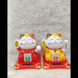 Lucky Fengshui Solar Cat with Yellow Dress and Red Dress made of Porcelain (no need battery)