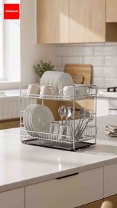 304 Stainless Steel 2-Tier Slim Dishrack with Removable Drain Tray Dish Rack Cutlery Knife Chopstick Cutting Board Holder