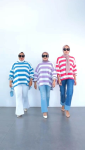 KAOS BABYTERRY STRIPE LADYS OVERSIZE SALUR HITAM FUCHSIA DENIM JUMBO BIGSIZE XXXL