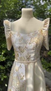 Modern Filipiniana Brocade Maxi Dress Beige Cameron Design 1