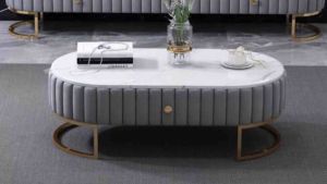 Bàn trà đơn Sofa phòng khách mặt đá bầu dục bọc da nỉ theo yêu cầu với chân kim loại sơn tĩnh điện sang trọng