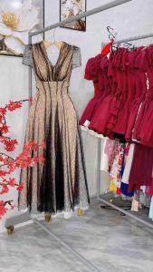 C188 Đầm ren lưới cổ V dáng dài thiết kế đi tiệc ăn đám cưới