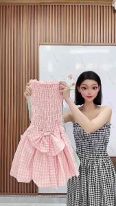 Set Đầm Baby Kẻ Bo Chun Nhún Thân Tặng Kèm Khăn + Quần Trong QUYN.047