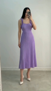 Eve backless purple dress for adult S-M fit. Sleeveless design with ruffled straps and side tie. Floor-length midi style.