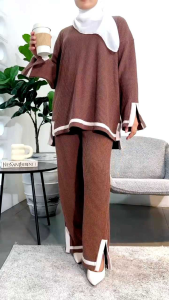 One Set Wanita Jumbo Bahan Knit List Jean Setelan Rajut Maroon Milo Oversize Bigsize Xxxl