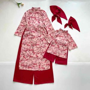(4-64kg) Áo Dài Cách Tân MẸ VÀ BÉ Hoa Đỏ NHÍM XÙ KIDS Chất Lụa Mango Cho Bé Gái AD140