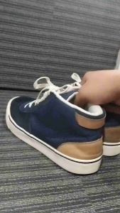 PRELOVED secondhand shoes for men Blue suede high-top sneakers with white laces and soles brown heel accents.