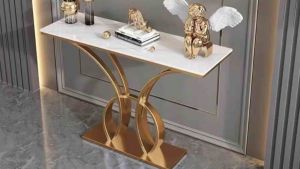 Kệ đứng bàn console trang trí phòng khách cạnh cửa nhà mặt đá chữ nhật chân kim loại kiểu chữ H cách điệu BC-24