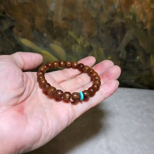 8.6mm aged translucent "Star & Moon" Bodhi (Daemonorops margaritae) bracelet with a 9.2mm natural untreated Hubei Turquoise disc 玉化星月菩提老籽手链配原矿湖北绿松石 #5