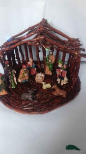 Christmas Nativity Stable Belen rustic wooden structure with thatched roof and stone base Handmade