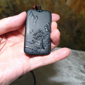 Premium deep green Nephrite double sides cravings Ancient Chinese Landscape Jade pendant (with certificate) [Natural Crystal] 优质和田玉塔青墨绿双面雕刻山水吊坠(带证书)