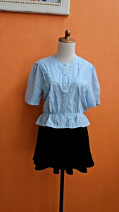 atasan wanita biru muda pastel HIGH SENSE cewek M L lengan pendek pinggang karet crop top blouse cute katbol MEWAH korean look