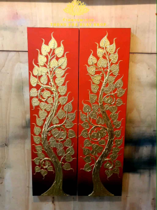 รูปต้นโพธิ์ทอง พื้นสีเขียว1ชุด5ชิ้น ภาพติดผนังตกแต่งบ้านติดผนัง รูปแต่งห้องพระติดหลังโต๊ะหมู่บูชา