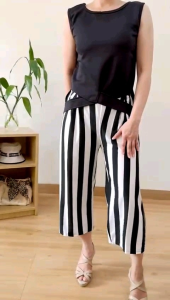 ●ECLAIRE● 0IS Setelan Celana scuba spandeks Garis-garis Salur Stripe Sleeveless Kasual Casual Mode Modis Korea Unik