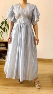 ●ECLAIRE● 003 Dress Midi Salur Stripe Garis-Garis Shortsleeves Lengan Pendek Santai Pesta Kasual Korea Maeve Import 14010