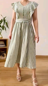 ●ECLAIRE● 003 Dress Midi Ruffle Stripe Salur Garis Korea Kasual Modis Basic Santai Pesta Marilyn Import 14011