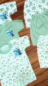 DENZIE - Paket Hemat 3Set Setelan Bayi Lengan Pendek / Baju Santai Bayi Warna Sage Motif Hewan Karakter Dan Polos