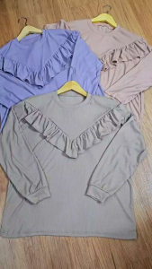 ●ECLAIRE● 0K7 Blouse Knit Rajut Oneck longsleeves Lengan Panjang Ruffle Kasual Casual Basic Polos Korea Rumina