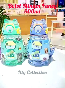 Botol Minum Happy Bear Fancy Dengan Tali + Sedotan 600ml