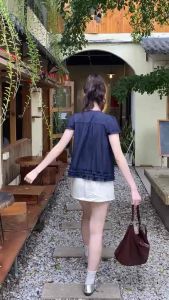 Áo kiểu nữ mùa hè form babydoll chất Gió Lụa tay ngắn phối viền bèo chun ngực cúc dọc cổ thắt nơ