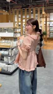 Áo babydoll chất Gió Nhăn - Thiết kế cổ bèo bản lớn tay bồng bo chun phối tầng xinh xắn