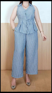 Womens Striped Terno Set | Sleeveless Linen Blend Top + Straight Cut Pants | Freesize