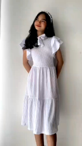 Girls Ruffle Sleeve Midi Dress | Kids Ribbon Neck Dress | Soft Cotton Party Dress for Girls | Casual Princess Dress 7-12 Years Old