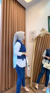Kemeja Salur denim Zarah terlaris premium katun nyaman panjang tangan Busui wanita pendek santai biru kain