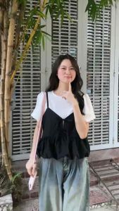 Set đồ nữ xinh xắn áo Đũi tay bồng phối yếm khoác ngoài hai dây thắt nơ trước form bí